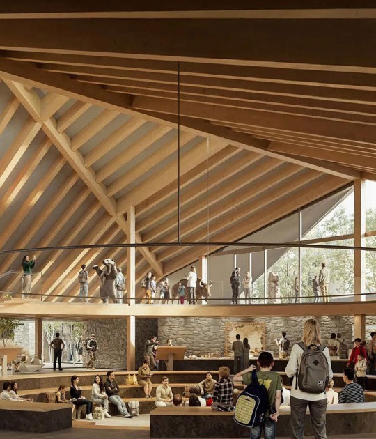 Vista interior del centro de visitantes del parque nacional de Alberta por Kengo Kuma y Paul Raff  