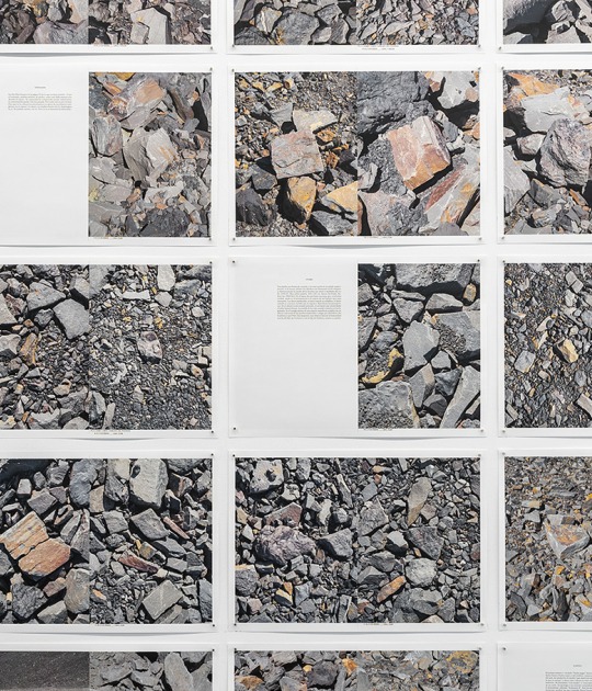 Talking about stones. Mineral lexicon (Installation detail), 2024. 4/4 color digital offset print on paper. Installation of 172 sheets, 31.7x46cm each. Courtesy of Jorge Yeregui, VEGAP, Madrid, 2026