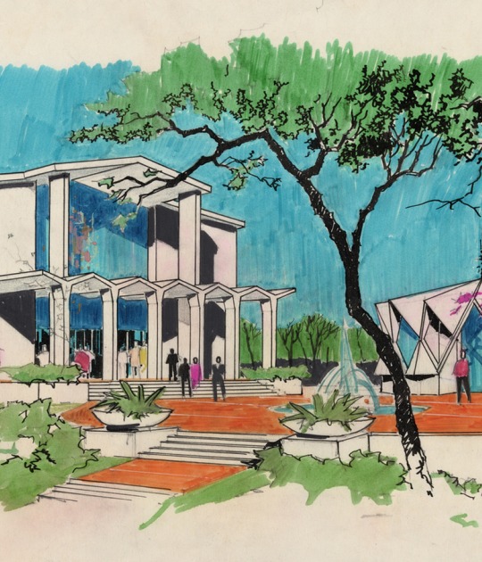 First African Methodist Episcopal Church of Los Angeles (exterior rendering), ca. 1960, by Paul R. Williams (American, 1894–1980), ink on paper. Jointly owned by the Getty Research Institute and the University of Southern California School of Architecture, 2020.M.6. Courtesy of Della M. Williams Trust Dated December 15, 1988