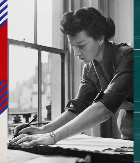 Apex furnishing fabric, Lucienne Day, Heal Fabrics, 1967. Lucienne in her studio, early 1950s. Causeway, furnishing fabric, Lucienne Day, Heal Fabrics, 1960
