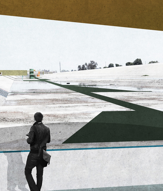 View from new structure down channel. Rendering. LA River by Ballman Khapalova