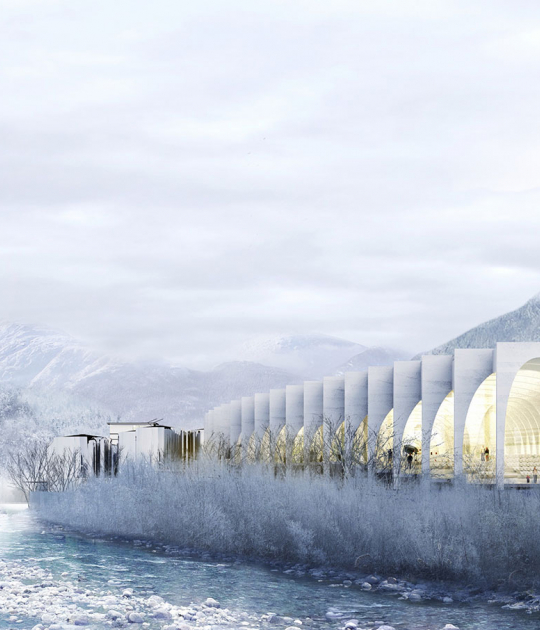 Visualización exterior. Nueva sede de San Pellegrinopor BIG. Imagen cortesía de San Pellegrino