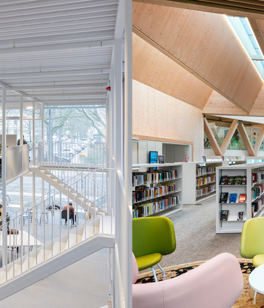 Pabellón del campus de la Universidad Técnica de Braunschweig por Gustav Düsing y Max Hacke. Fotografía por Iwan Baan. 2.Biblioteca Gabriel García Márquez por SUMA Arquitectura. Fotografía por Jesús Granada