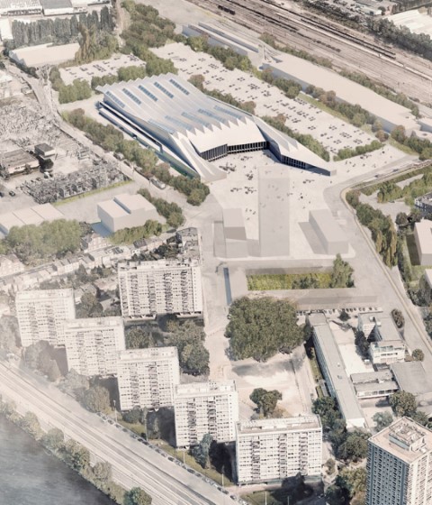 Visualización, vista de pajaro. Nuevo Centro de Exposiciones y Convenciones de Lieja por Francisco Mangado + Archipelago I baev