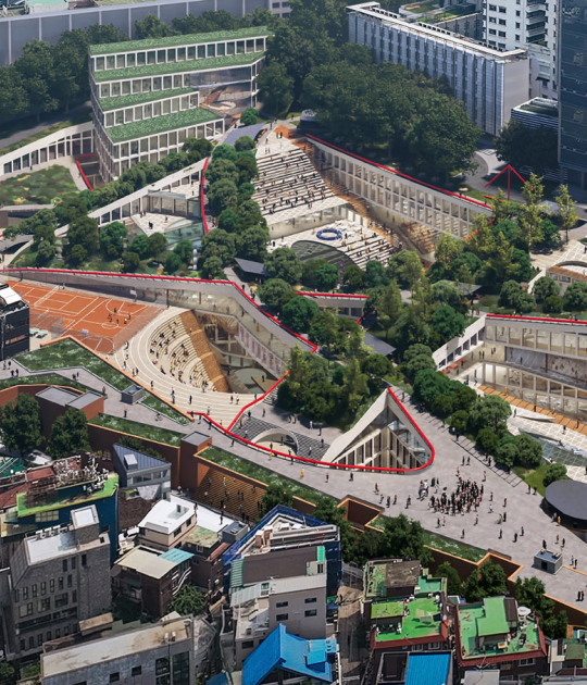 Nuevo campus para la Universidad Hongik por OMA. Visualización por Negativ, imagen cortesía de OMA