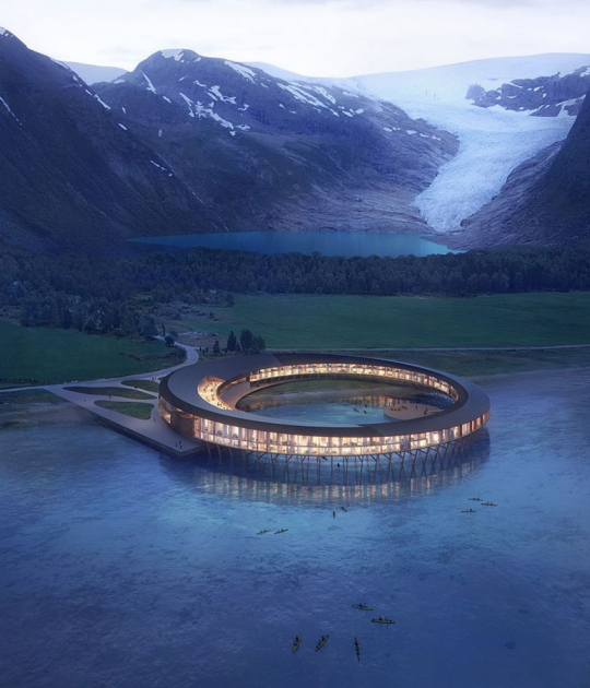 Rendering at the base of the Svartisen glacier. Svart Hotel by Snøhetta. Image © Snøhetta/Plompmozes