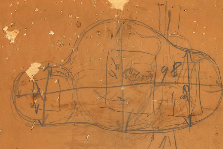 Friedrich Kiesler, Endless House for Mary Sisler [shattered sketch sheet], New York and Florida, 1961, 21.5 x 33.4 cm, pencil on paper, mounted on cardboard. Courtesy by the Austrian Frederick and Lillian Kiesler Private Foundation, Vienna