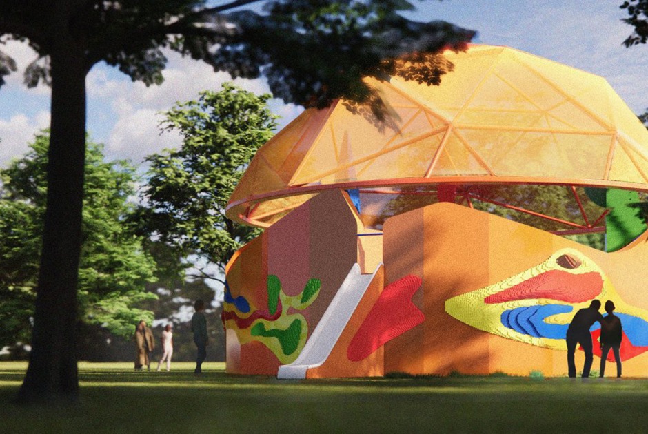 Play Pavilion, designed by Peter Cook (Peter Cook Studio Crablab), in collaboration with Serpentine and the LEGO Group. Design render, aerial view. Photograph Peter Cook (Peter Cook Studio Crablab). Courtesy Serpentine Play Pavilion, designed by Peter Cook (Peter Cook Studio Crablab), in collaboration with Serpentine and the LEGO Group. Design render, aerial view. Photograph Peter Cook (Peter Cook Studio Crablab). Courtesy Serpentine