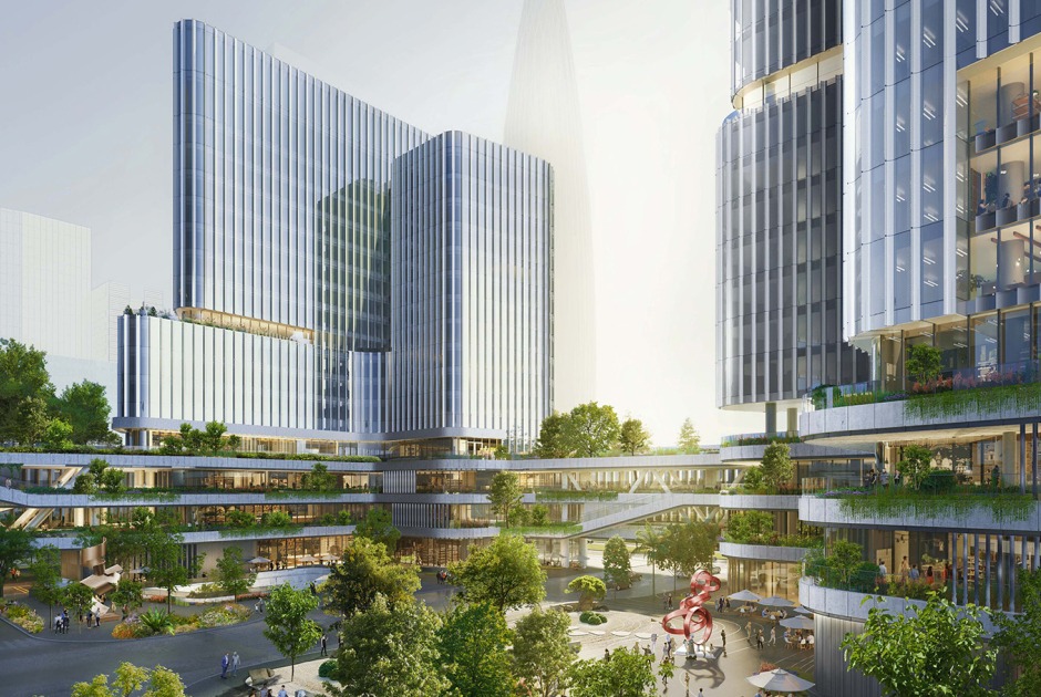 Un paseo tridimensional de puentes elevados conecta las torres del Houhai Hybrid Campus. Campus Híbrido de Houhai por Buro Ole Scheeren