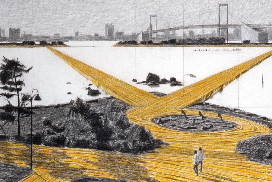 Christo and Jeanne-Claude. The Daiba Project (The Floating Walkways at Tokyo Bay, The Walkways at Odaiba Park, The 147 Steps at Fuji Television Headquarters). 1996. Graphite, charcoal, pastel, wax crayon and map on paper. 38 x 165 x 4 cm 107 x 165 x 4 cm. Courtesy by Christo and Jeanne-Claude Foundation / Prats Nogueras Blanchard Barcelona/Madrid