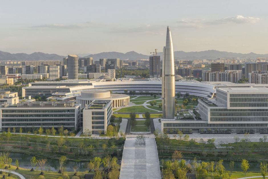 Aerial view, from the north. Westlake University by HENN. Photograph by Tian Fangfang