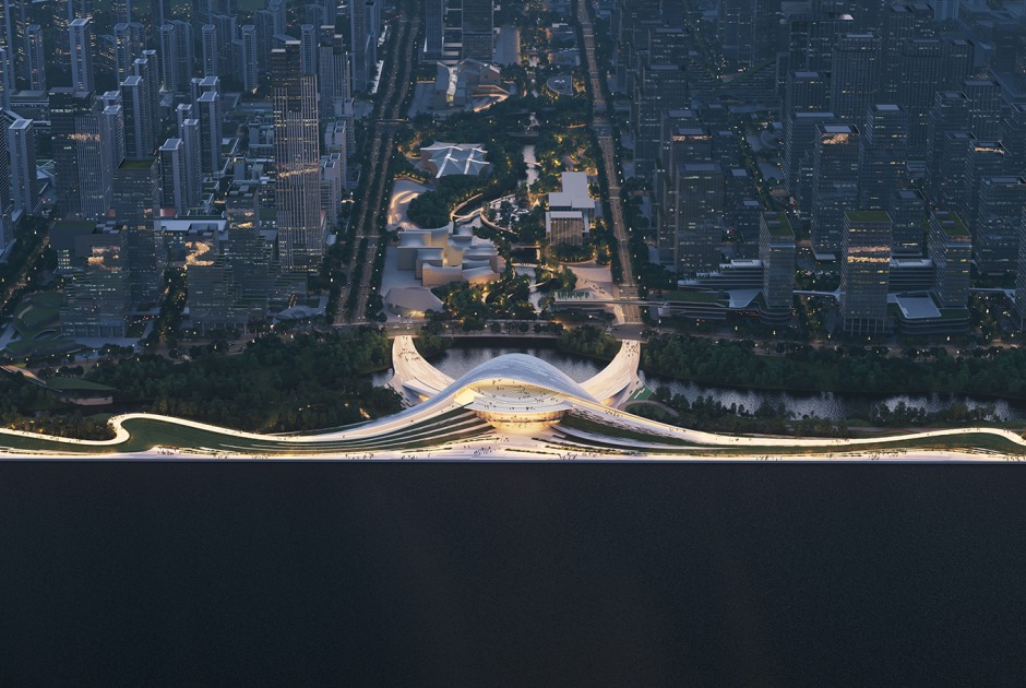 Hangzhou Qiantang Bay Art Museum by Snøhetta. Rendering by Atchain