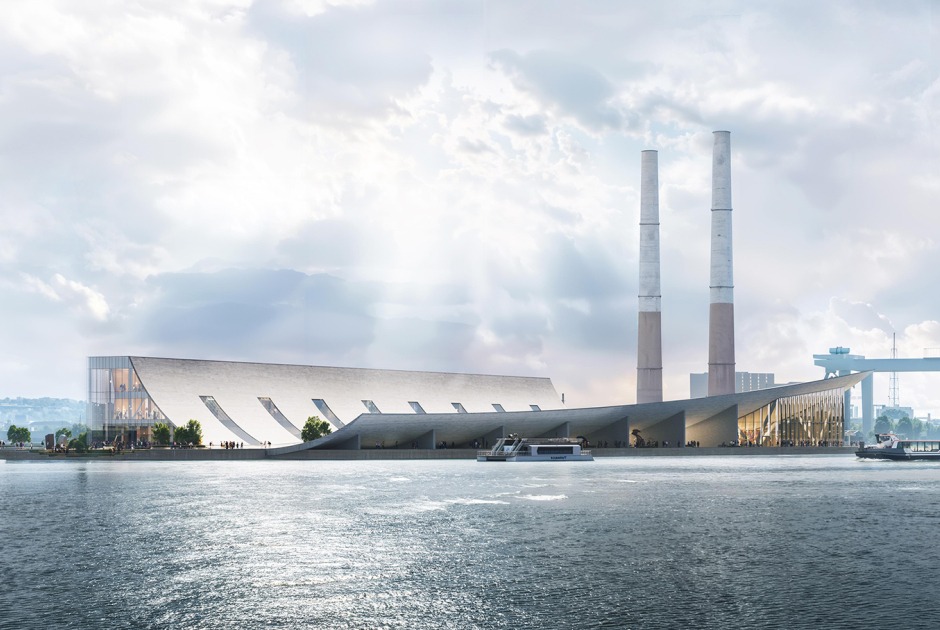 Vista interior del atrio del museo, donde la circulación, la exposición y la reunión pública se cruzan dentro de un volumen espacial compartido. Museo Brise-Vent del Puerto de Havre por LYT-X Studio. Visualización por LYT-X Studio