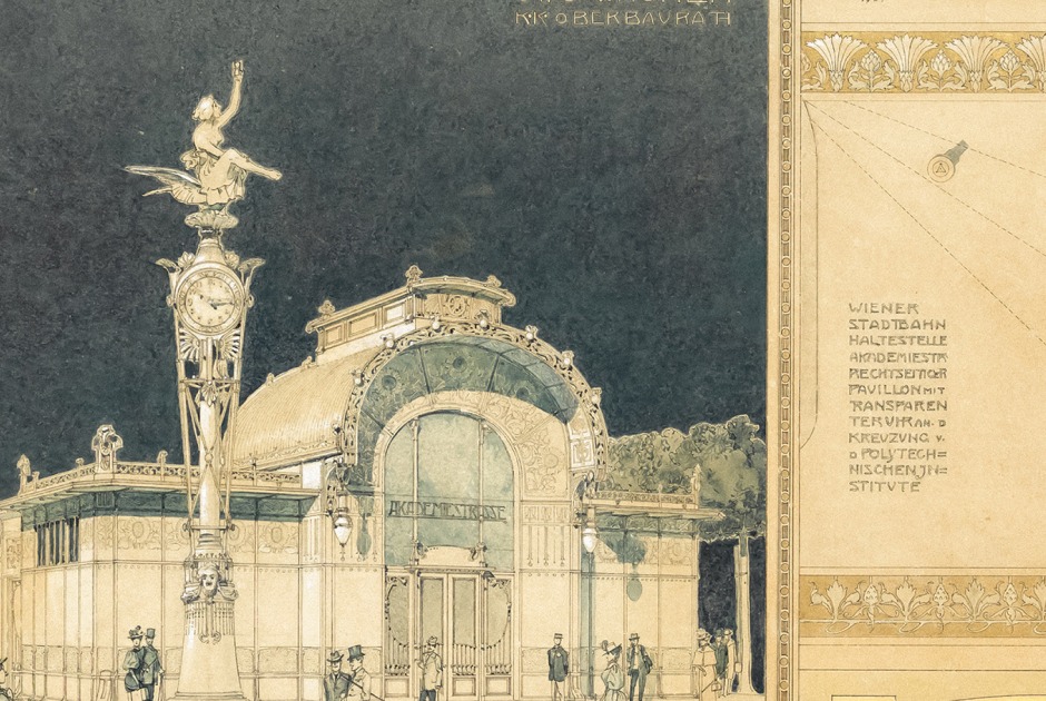 Otto Wagner, Dibujo de presentación con las estaciones Akademiestrasse-Technik y Gumpendorfer Strasse del Ferrocarril de Viena, 1898. Lápiz, pluma, acuarela, técnica de pulverización, reflejos blancos, pintura dorada, 64,8 × 46,2 cm. Museo de Viena, Inv. 77.262