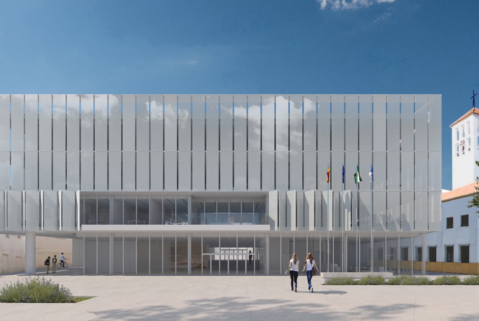 Nueva Casa Consistorial de Roquetas de Mar y ampliación de la plaza de la Constitución y los espacios públicos adyacentes por Estudio Carbajal SLP y Estudio Acta. Visualización cortesía de Estudio Carbajal SLP y Estudio Acta