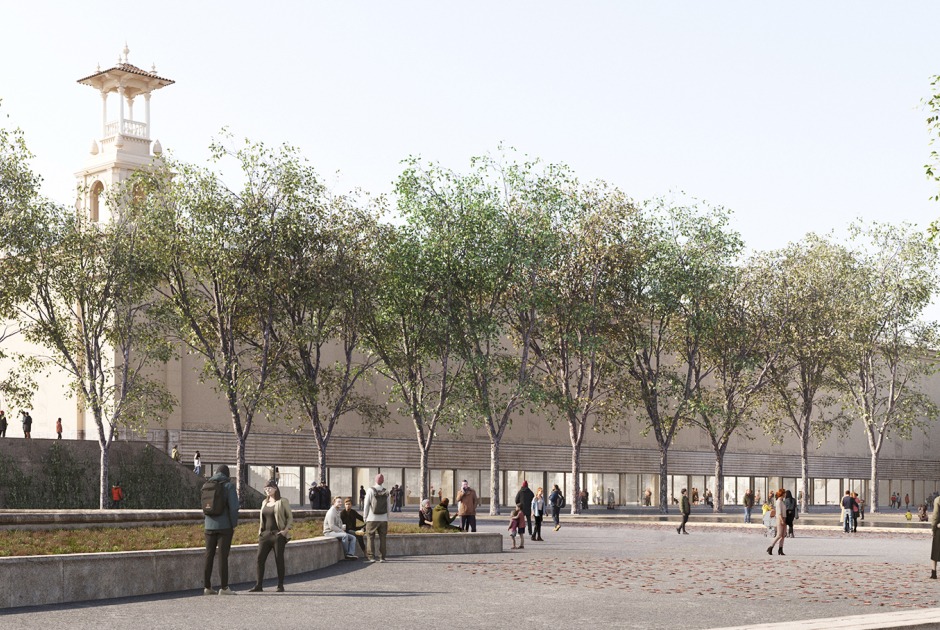 Palau Victoria Eugénia, vista exterior del acceso al Nuevo MNAC. Ampliación del MNAC por Harquitectes y Christ & Gantenbein