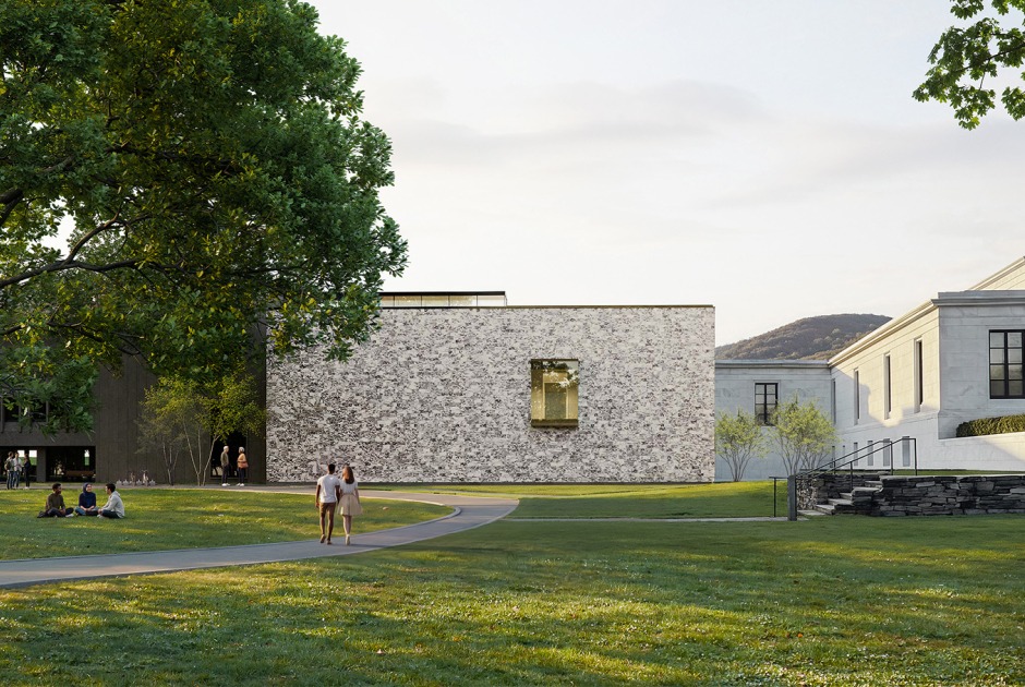 View from South Street. Design for the new Aso O. Tavitian wing by Selldorf Architects. Rendering by Playtime