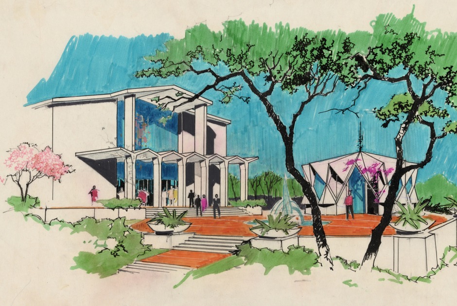 First African Methodist Episcopal Church of Los Angeles (exterior rendering), ca. 1960, by Paul R. Williams (American, 1894–1980), ink on paper. Jointly owned by the Getty Research Institute and the University of Southern California School of Architecture, 2020.M.6. Courtesy of Della M. Williams Trust Dated December 15, 1988
