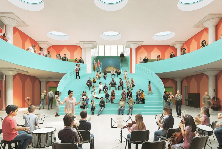 The Frank Liu Jr. Academy of Music and Arts, by OMA. Rendering by OUT OF RAM