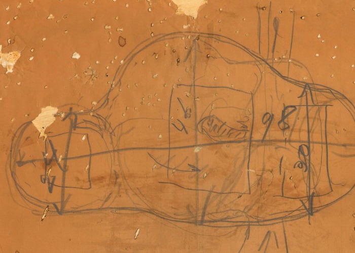 Friedrich Kiesler, Endless House for Mary Sisler [hoja de boceto rota], Nueva York y Florida, 1961, 21,5 x 33,4 cm, lápiz sobre papel, montado sobre cartón. Cortesía por la Fundación Privada Austriaca Frederick y Lillian Kiesler, Viena