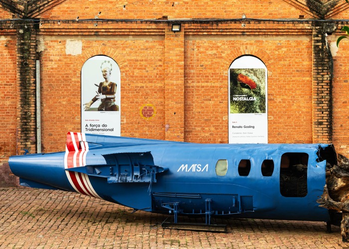 Fuselaje de avión, tronco de árbol y pintura automotriz. 280 × 1050 × 320 cm. Fábrica de Arte Marcos Amaro (FAMA) por KAAN. Fotografía por Sebastian van Damme
