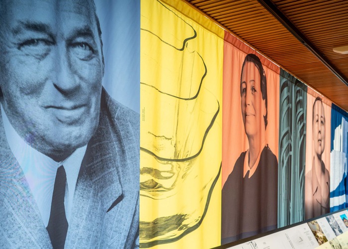 Alvar, Aino, and Elissa Aalto, featured in the permanent exhibition at Finlandia Hall in Helsinki. Photograph by Kusti Manninen