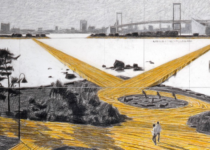 Christo and Jeanne-Claude. The Daiba Project (The Floating Walkways at Tokyo Bay, The Walkways at Odaiba Park, The 147 Steps at Fuji Television Headquarters). 1996. Graphite, charcoal, pastel, wax crayon and map on paper. 38 x 165 x 4 cm 107 x 165 x 4 cm. Courtesy by Christo and Jeanne-Claude Foundation / Prats Nogueras Blanchard Barcelona/Madrid