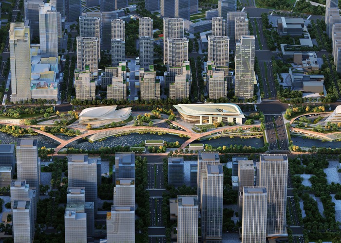 ZHA Architects, Distrito Cultural de la Bahía de Qiantang, Hangzhou, China. Visualización por Atchain