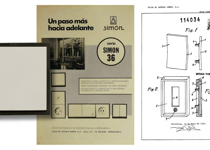 Simon 36, series launched in 1971. Together with an advertisement published in Revista de Aparejadores y Modelo de Utilidad from 1968. Image courtesy of Simon. 