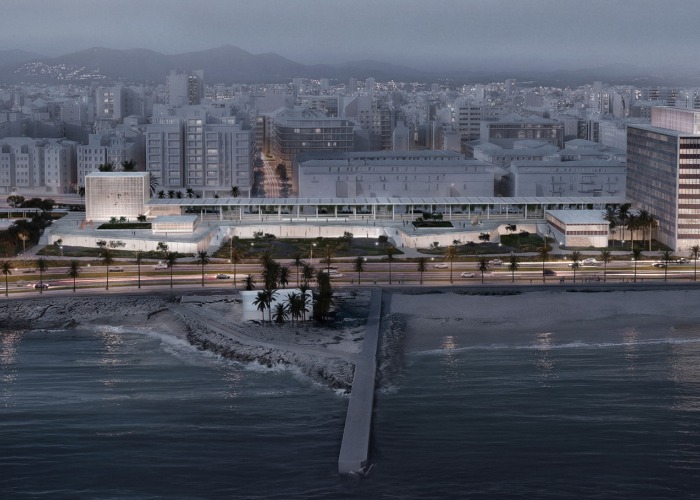 Visualización nocturna de la propuesta de Cruz y Ortiz, para recuperar la fachada marítima de Palma