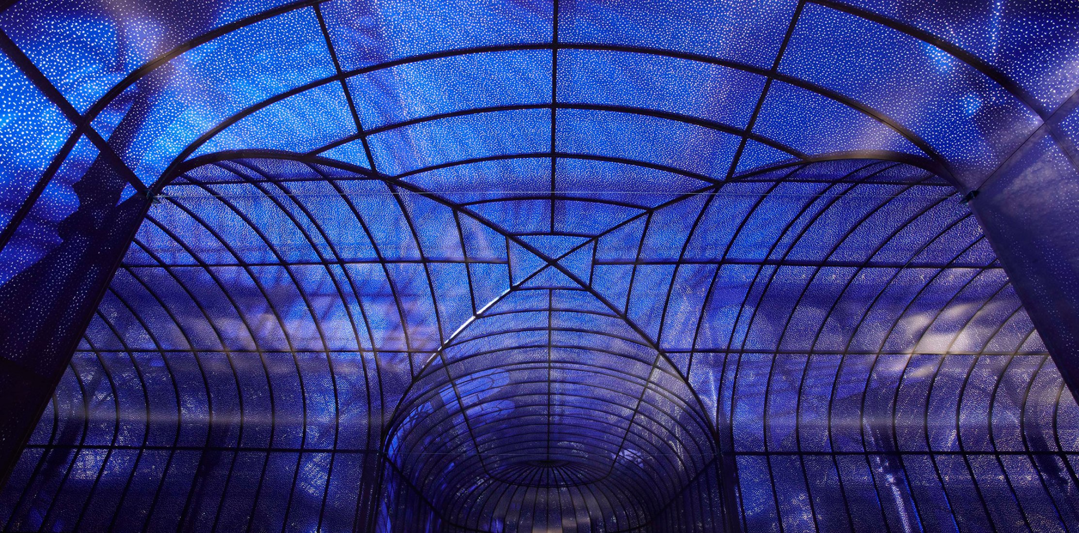 Interior of roof installation, "Written in the celestial bodies" by Soledad Sevilla for the Crystal Palace, 2011. Photo: Joaquín Cortés / Roman Lords. MNCARS.