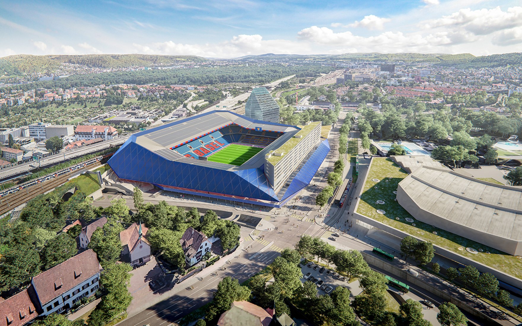 Visualización. Nuevo estadio St. Jakob Park, «Joggeli» por Herzog & de Meuron. Visualización por Vorstudie.