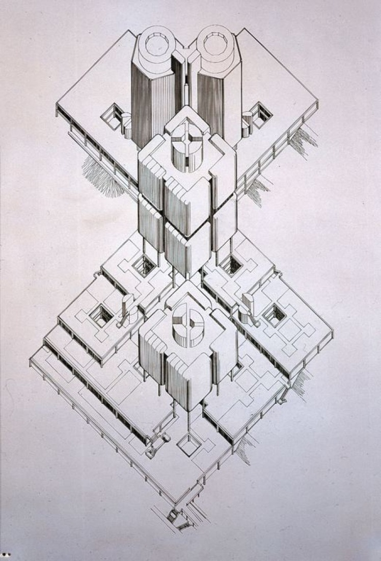 Bertrand Goldberg American, 1913-1997. Health Sciences Center, Stony Brook, NY, Axonometric View, c. 1974.  Graphite and marker on tracing paper. The Archive of Bertrand Goldberg, gifted by his children through his estate, RX23664/134.2,390.