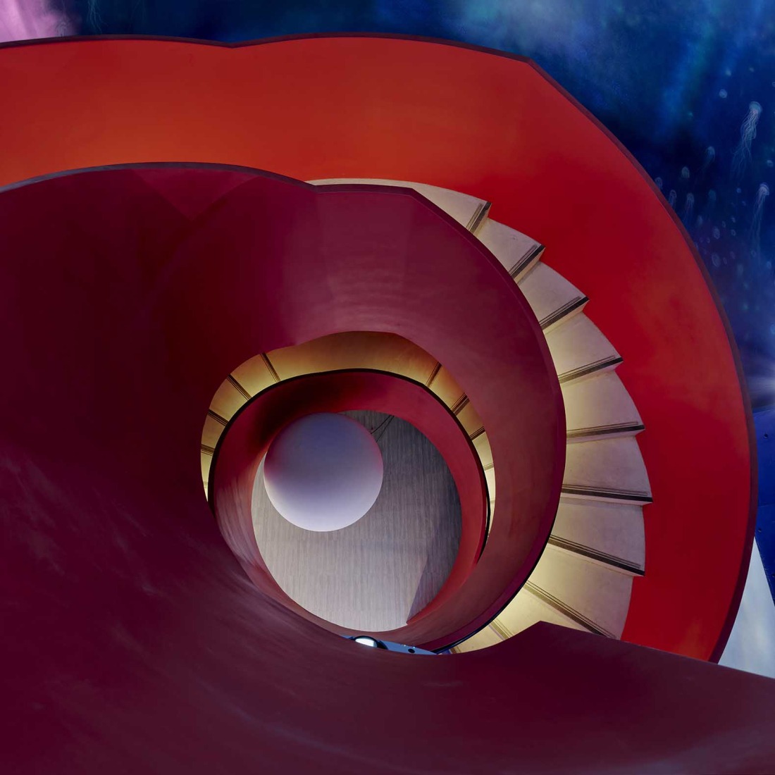 Egg shaped Spiral staircase. i Ocean Museum by B+P Architects. Photograph by Studio Millspace.