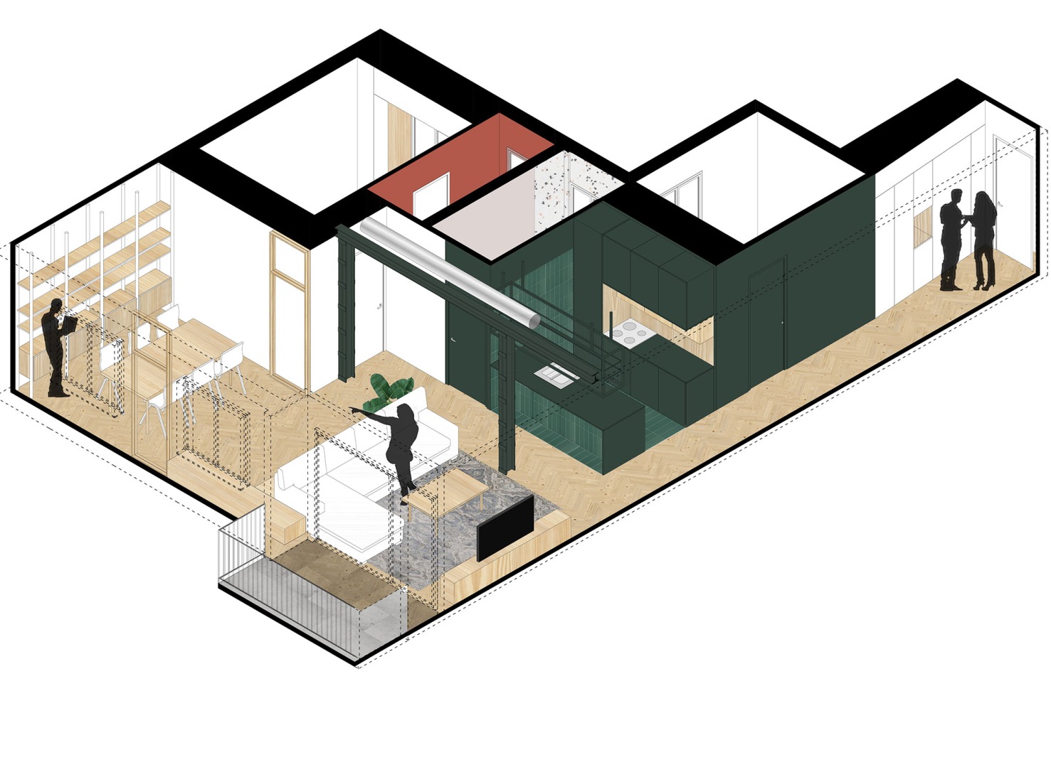 Axonometry. Comprehensive renovation of a house in Chamberí by Pulso Arquitectos.