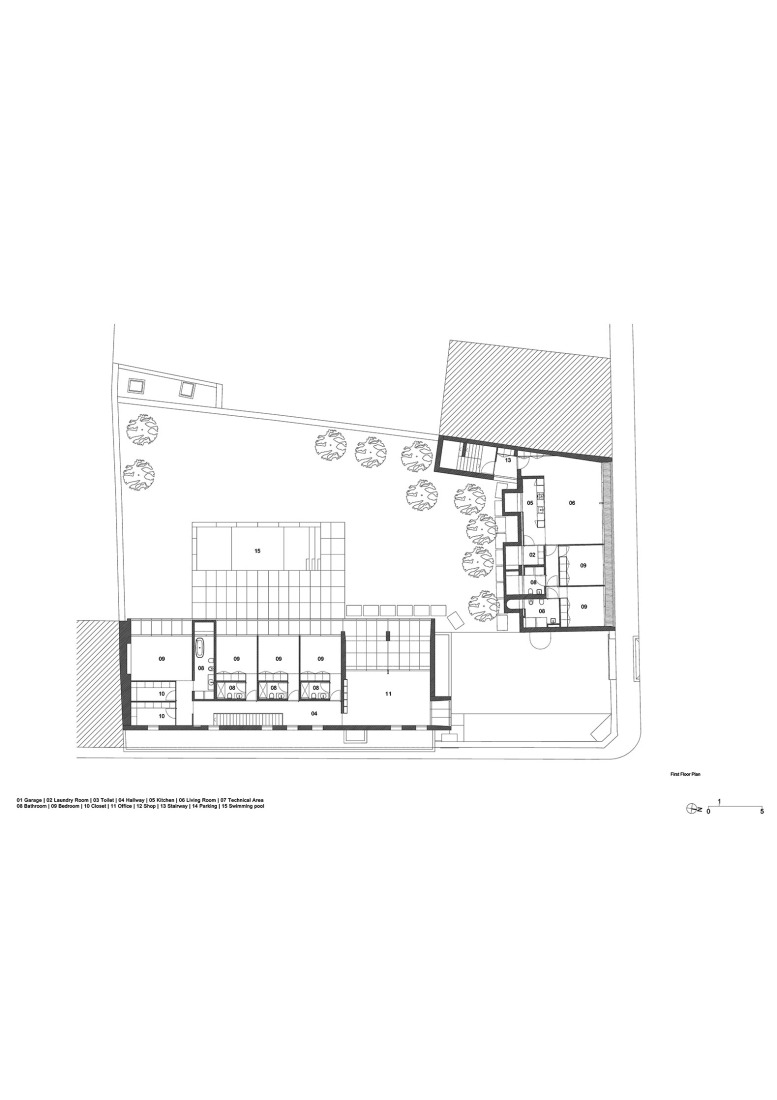 Plano de planta primera. Vivienda colectiva en Vila do Conde por Raulino Silva Arquitecto.
