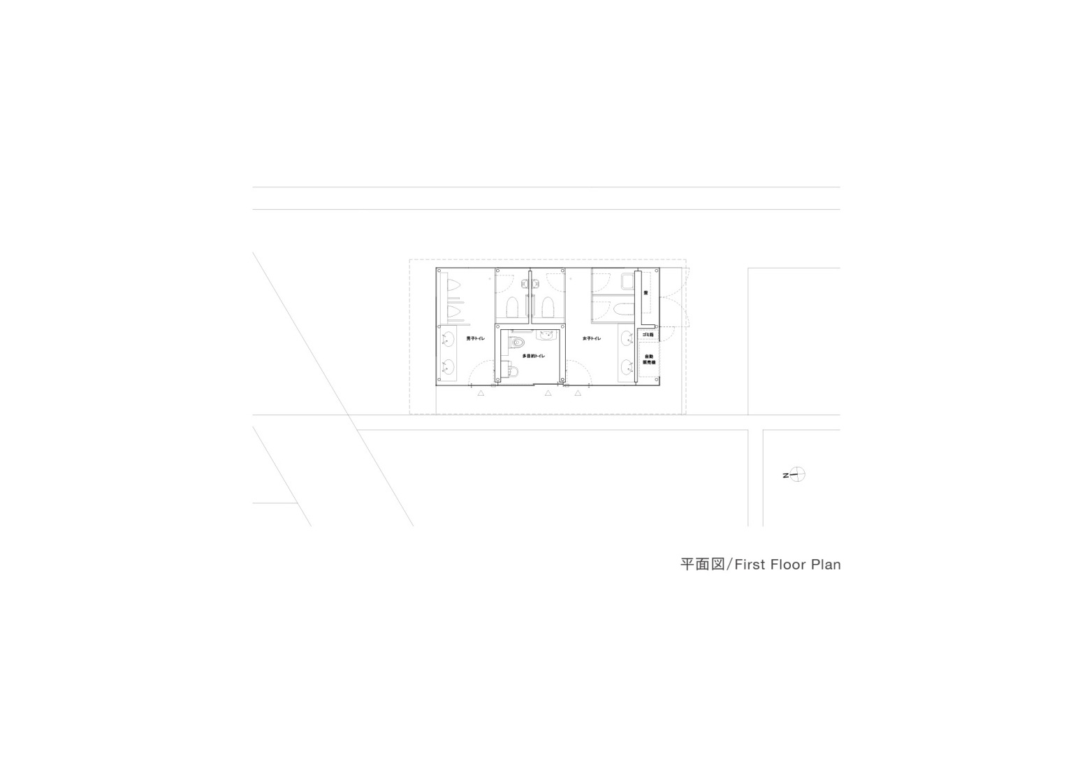 Outside bathrooms floor plan. Toyota City Museum by Shigeru Ban.