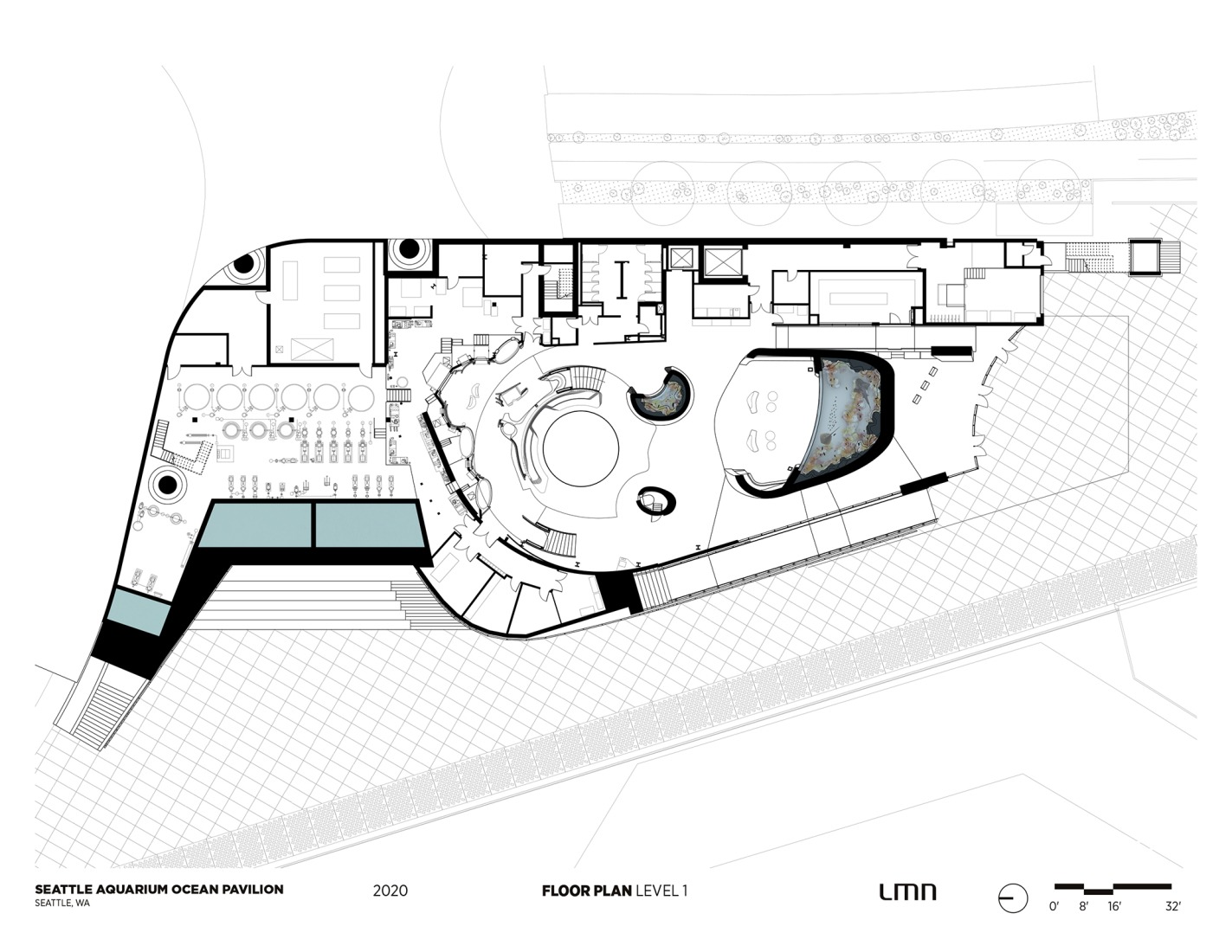 Plano de planta baja. Pabellón Oceánico del Acuario de Seattle por LMN Architects.