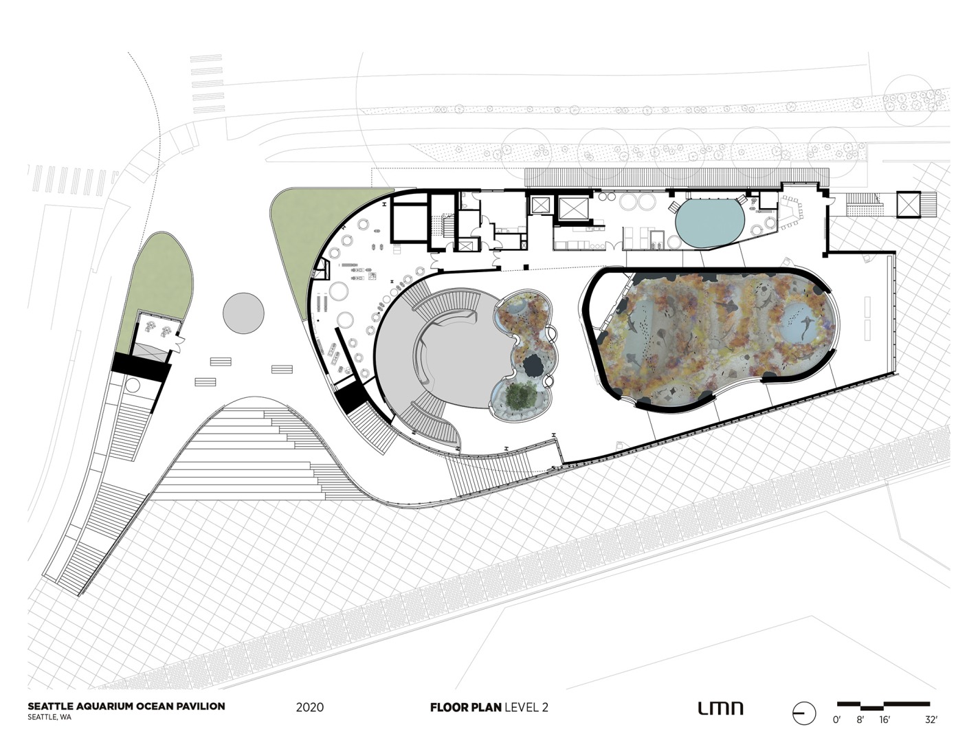 Plano de planta primera . Pabellón Oceánico del Acuario de Seattle por LMN Architects.