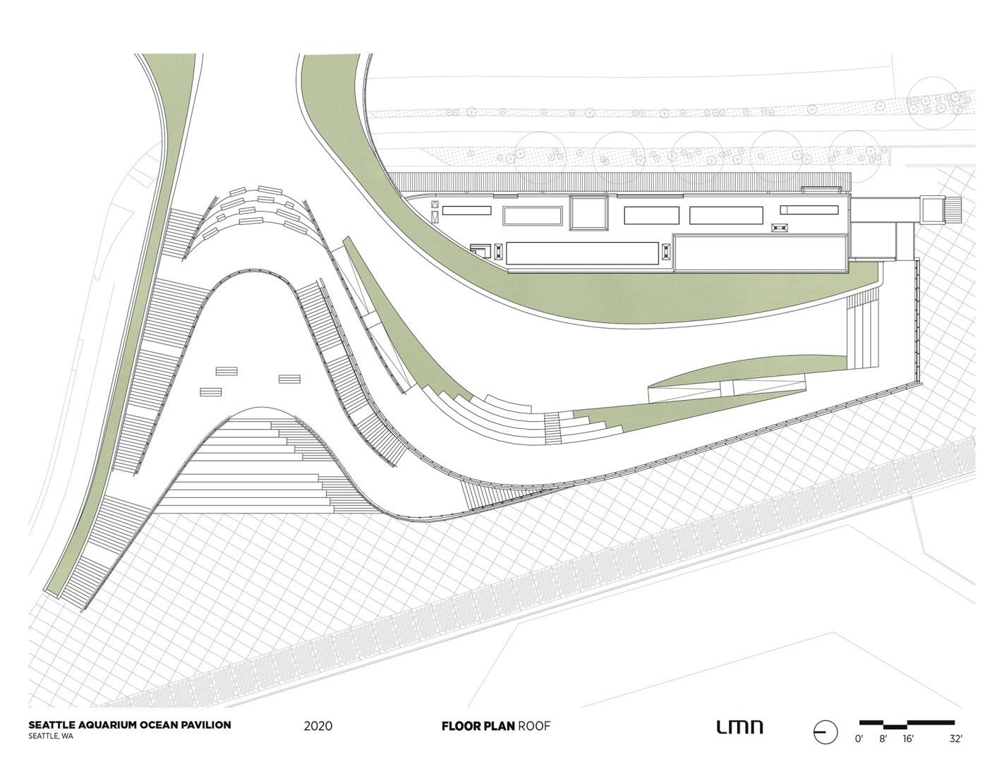 Plano de planta de cubiertas. Pabellón Oceánico del Acuario de Seattle por LMN Architects.