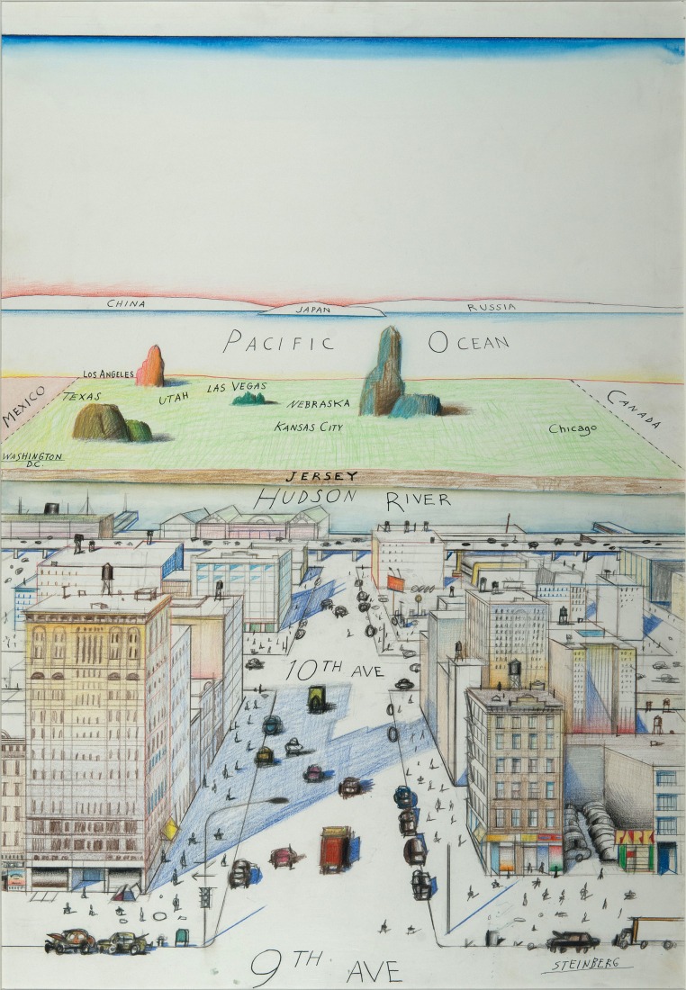 View of the World from 9th Avenue by Saul Steinberg, 1976. Published in The New Yorker, March 29, 1976. Ink, pencil and watercolor on paper. 71.1 × 48.3 cm. Samantha Loria Mizrahi Collection. Photograph courtesy by The Saul Steinberg Foundation VEGAP, Madrid, 2024.