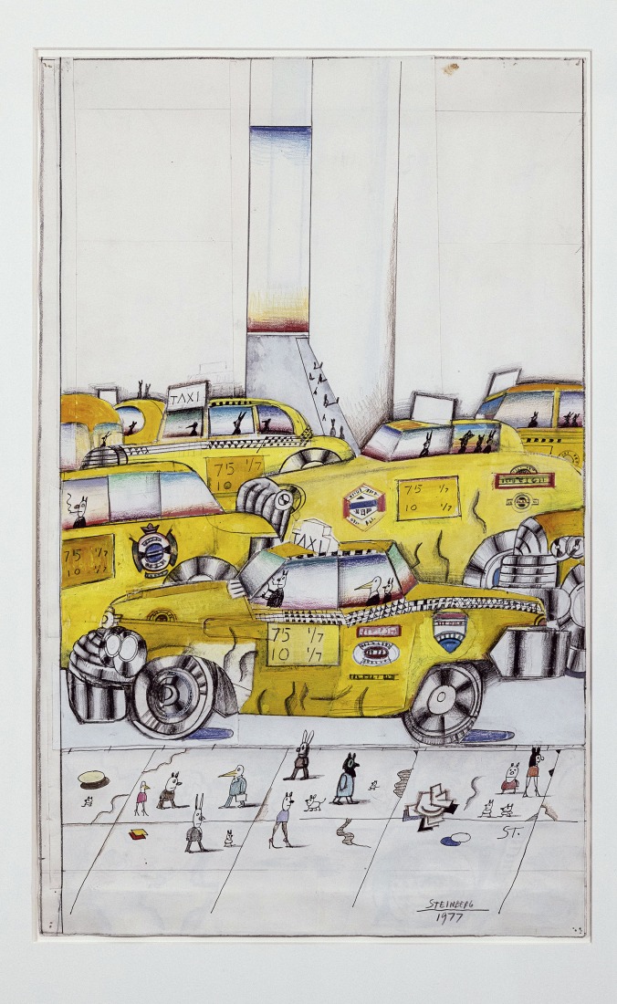 New York Taxis by Saul Steinberg, 1977. Collage, ink, pencil and watercolor on paper. 57.8 × 34.9 cm. Carol and Douglas Cohen Collection. Photograph courtesy by The Saul Steinberg Foundation VEGAP, Madrid, 2024.