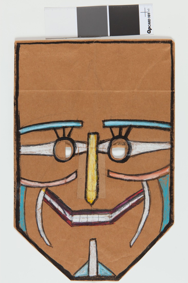 Saul Steinberg. Untitled, 1961-1962. Ink, pencil, oil pastel and collage on paper bag. 31.4 × 21 cm. Collection Museum der Moderne Salzburg. Photograph courtesy by The Saul Steinberg Foundation VEGAP, Madrid, 2024.