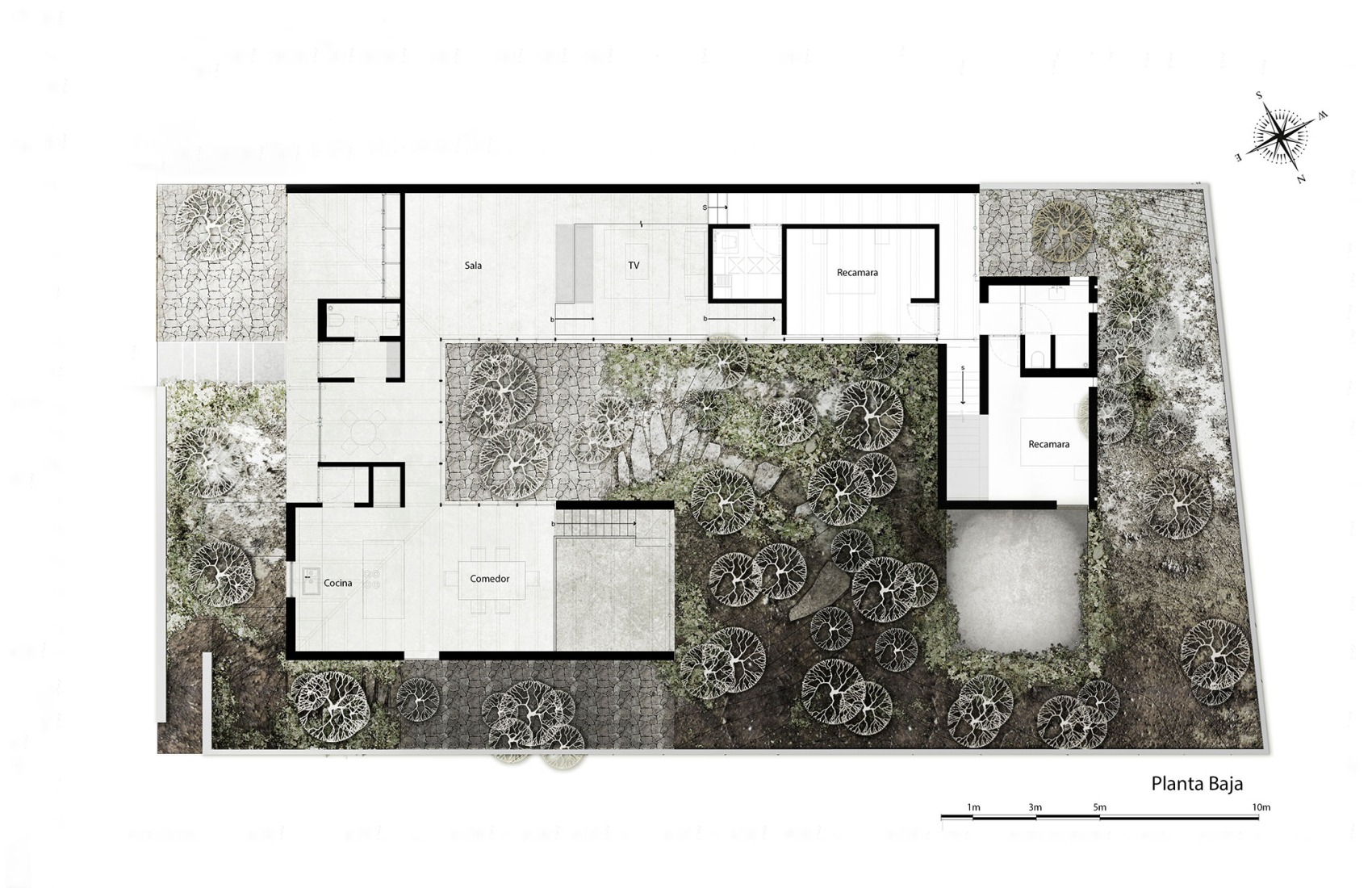 Plano de planta baja. Casa Caribu por Taller Tequio.