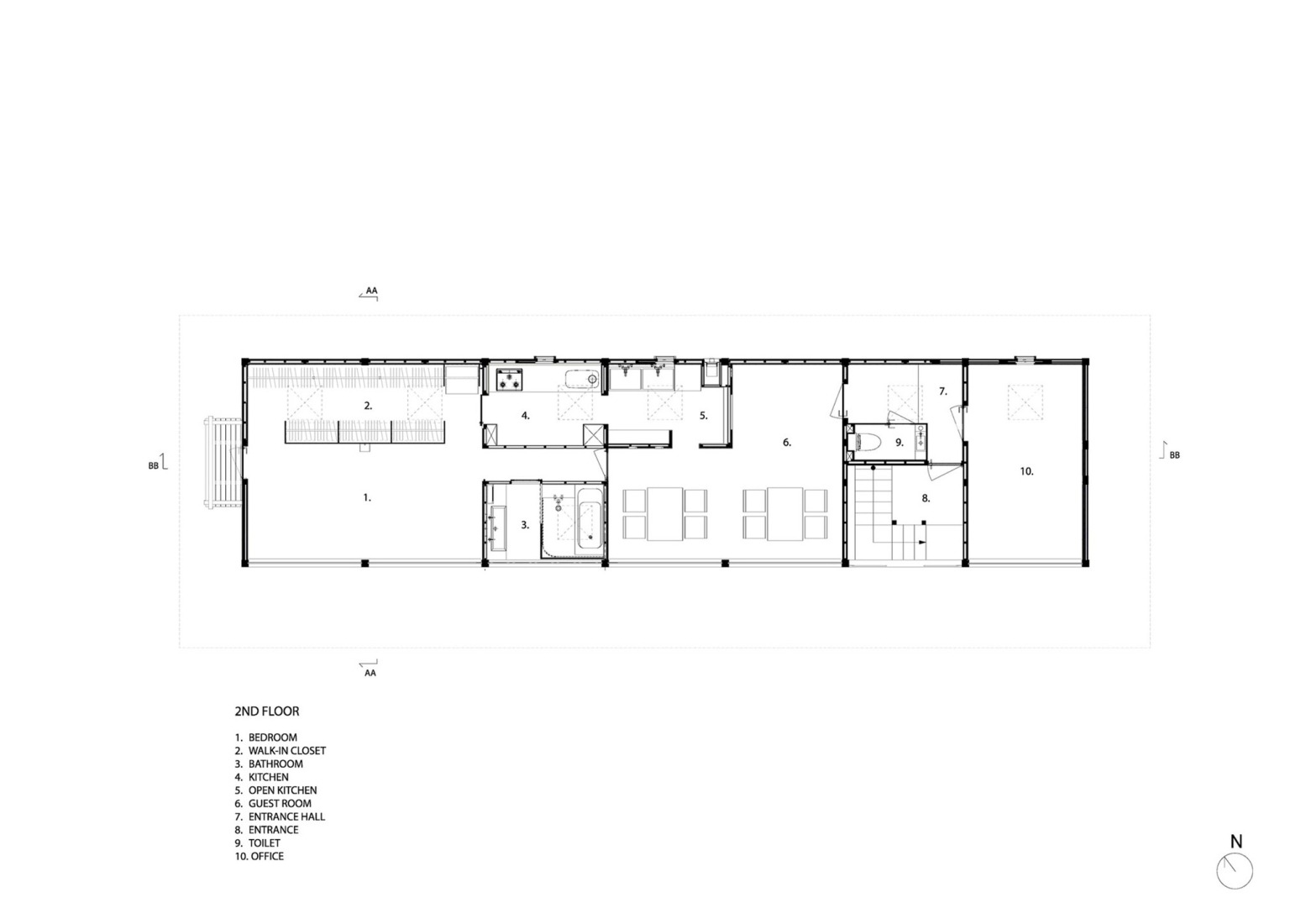 Plano de primera planta casa de huéspedes. Casa de huéspedes Terabe por Tomoaki Uno Architects.
