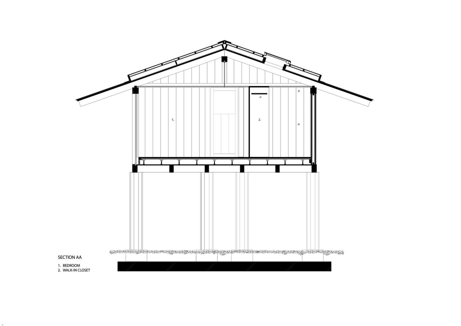 Sección casa de huéspedes. Casa de huéspedes Terabe por Tomoaki Uno Architects.