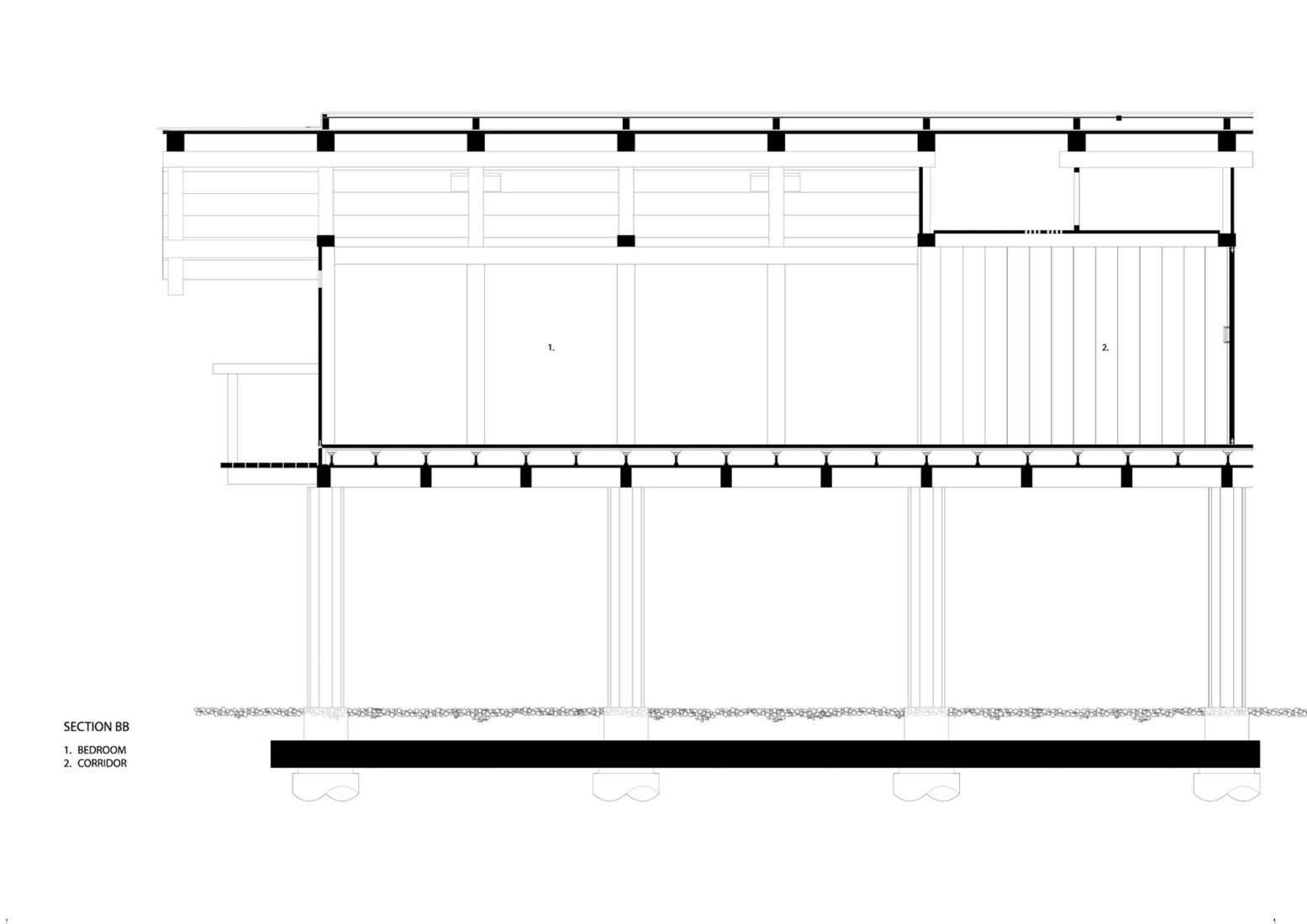 Sección casa de huéspedes. Casa de huéspedes Terabe por Tomoaki Uno Architects.