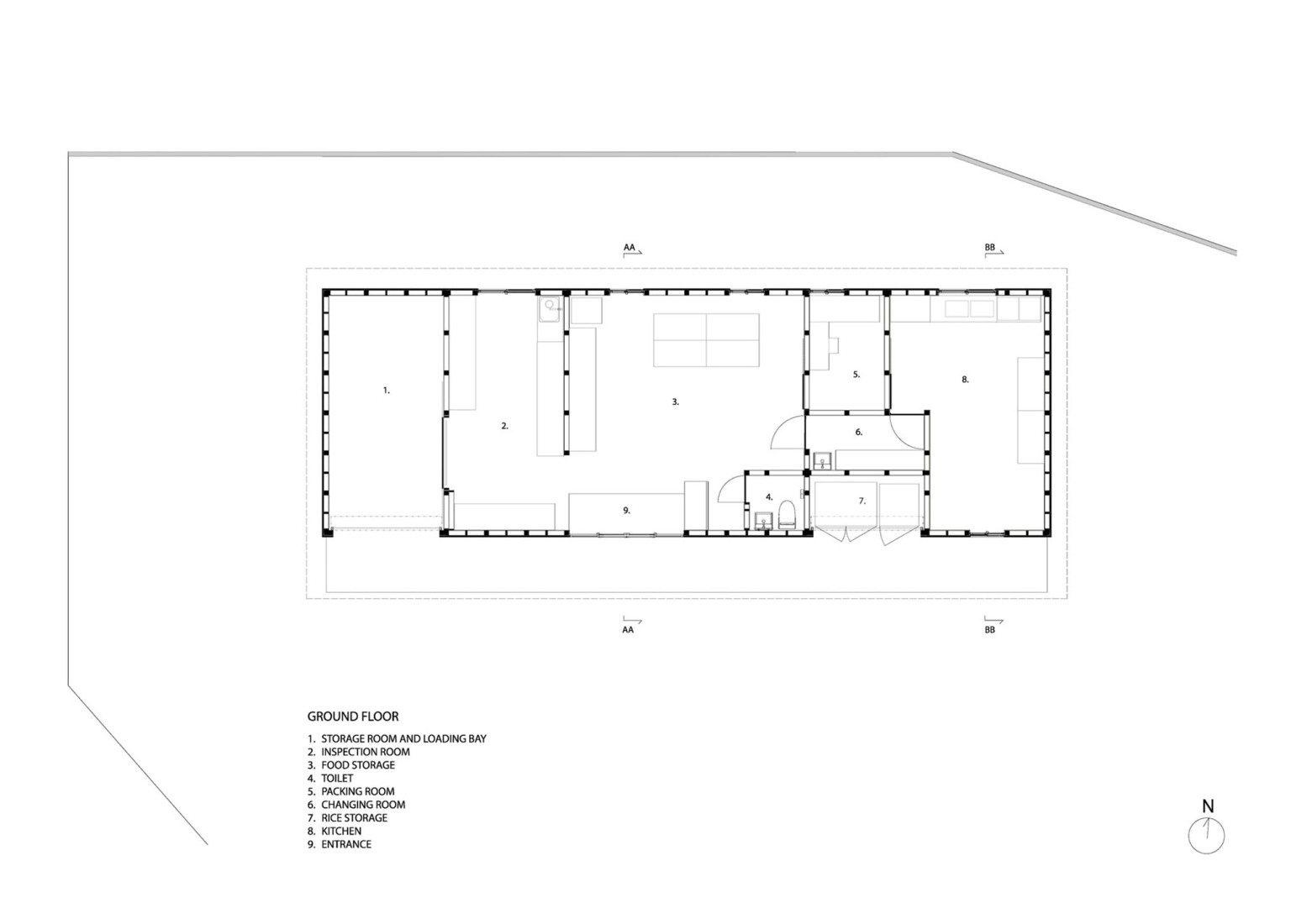 Plano de planta baja almacén. Casa de huéspedes Terabe por Tomoaki Uno Architects.
