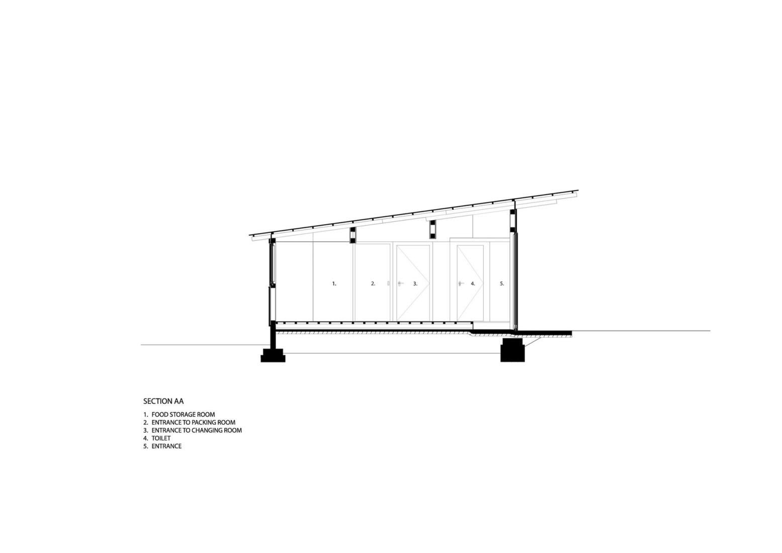 Sección almacén. Casa de huéspedes Terabe por Tomoaki Uno Architects.