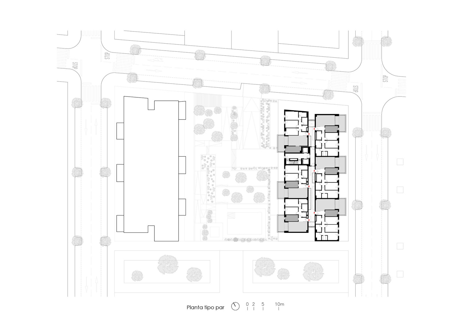 Plano de planta tipo par. Edificio Residencial Alborada por Alejandro Muñoz Miranda.